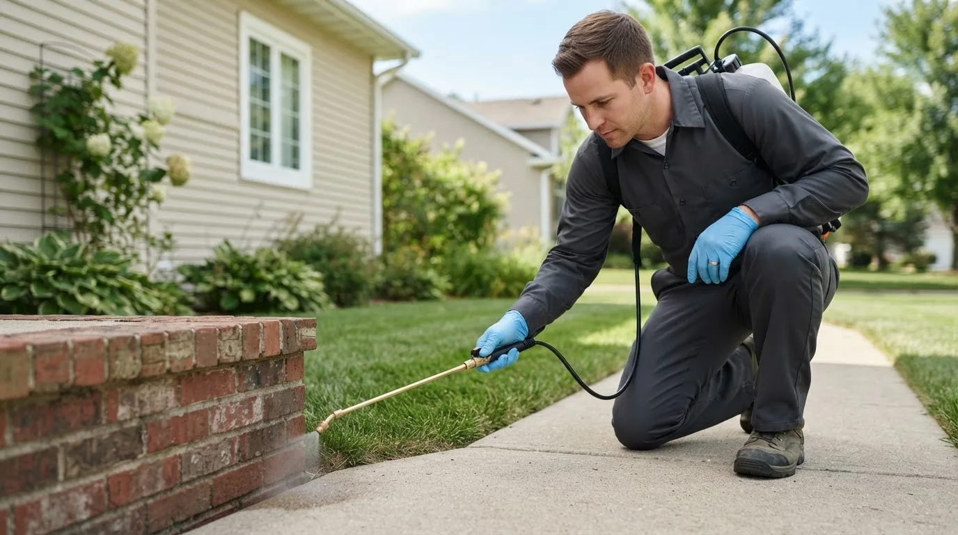 Pest control technician treating a home near Dorchester, MA